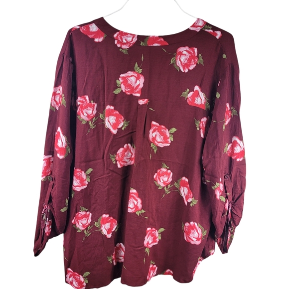 Sky Plus 3x Top Blouse Tunic Maroon with Pink Roses EUC Lightweight - Picture 8 of 10